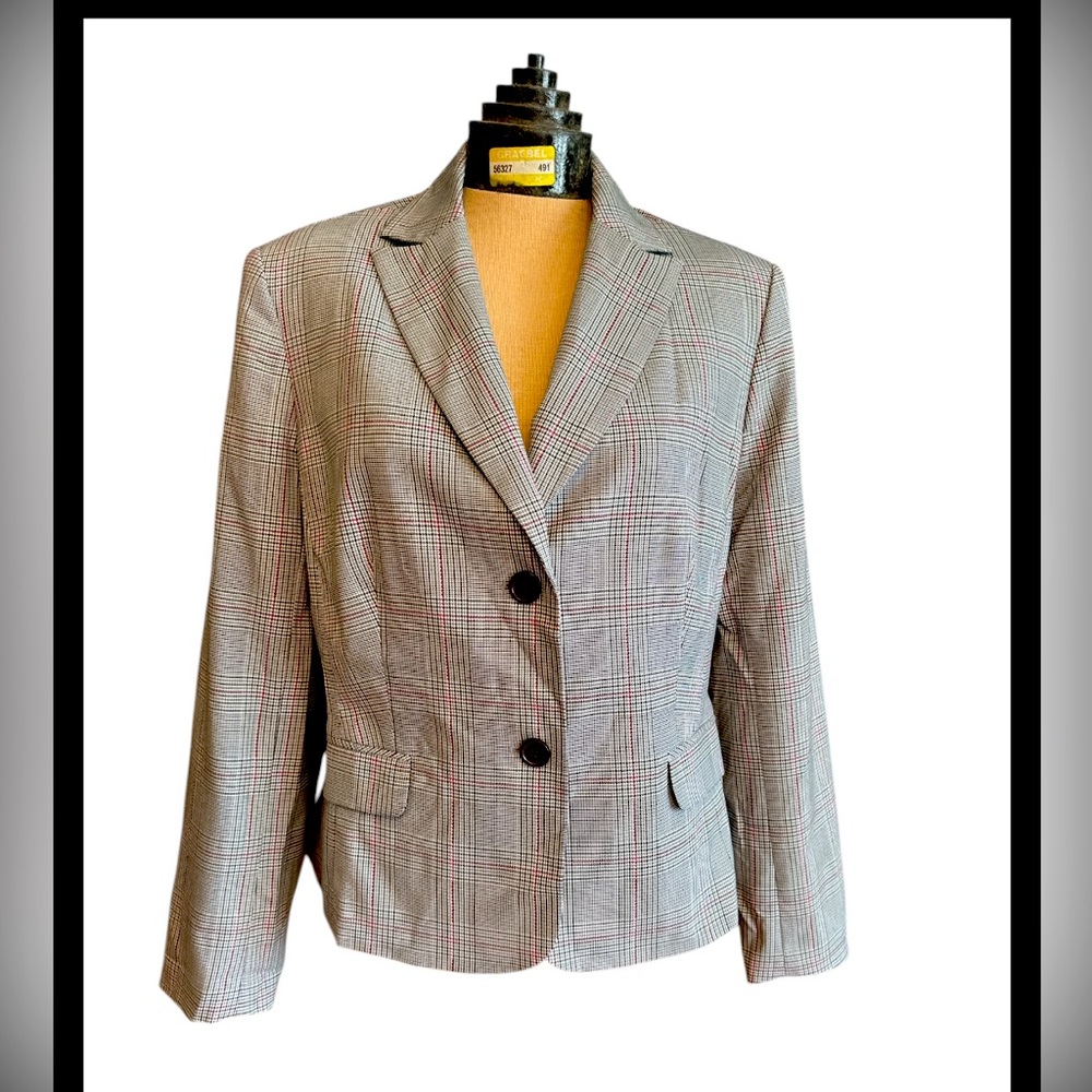 Vintage Bandolino Plaid Blazer Black Red Glen Plaid 2 Button Stretch Jacket